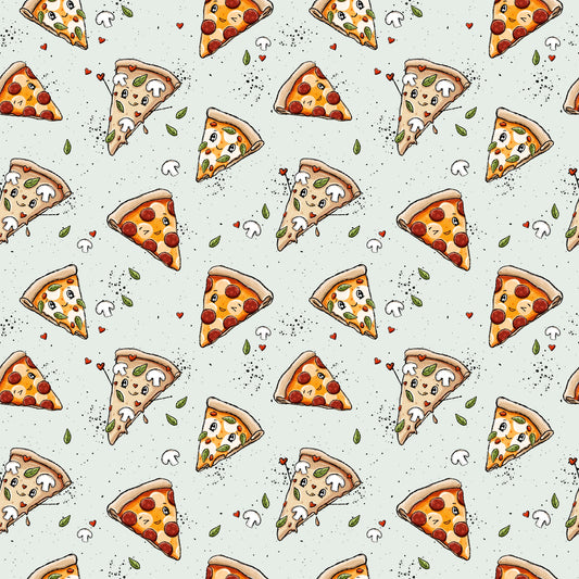 nahtloses Muster mit fröhlichen Pizzastücken, Basilikumblättern, Pilzen und Herzchen auf mintfarbenem Hintergrund, Katzengold-Designs