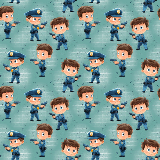 Nahtloses Stoffmuster mit dem Design "Kleine Polizisten" – cool, bequem, einsatzbereit.