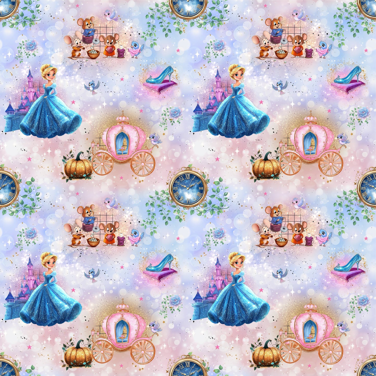 Stoffkachel „Prinzessin der Mitternacht“: nahtloses Muster mit Prinzessin, rosa Kutsche, Uhr kurz vor zwölf, Glasschuh, Schloss, Kürbis, Mäusen und Rosenranken vor glitzerndem Pastellhimmel mit Sternen.