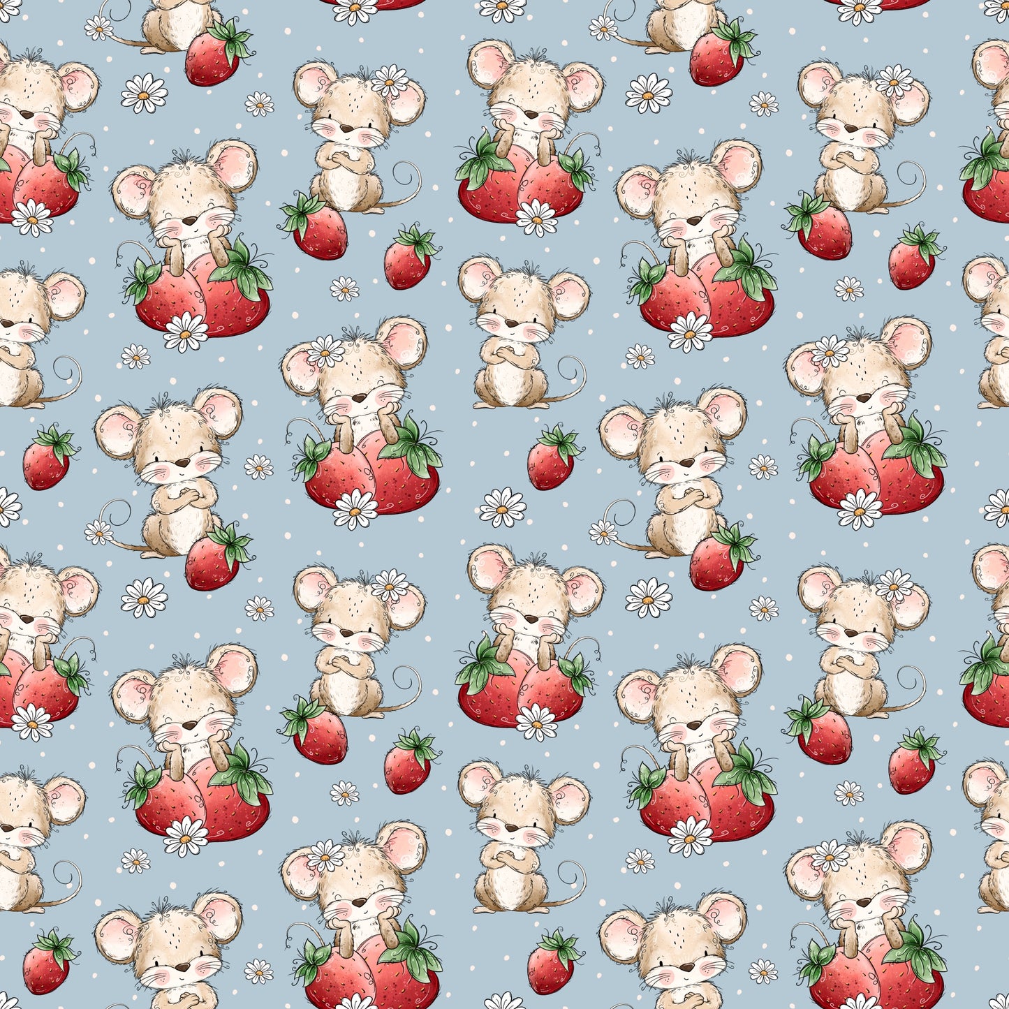 Detailansicht des Stoffdesigns „Erdbeermäuschen“ von Katzengold-Designs mit niedlichen Mäuschen, Erdbeeren und feinen Punkten in harmonischer Farbwelt.
