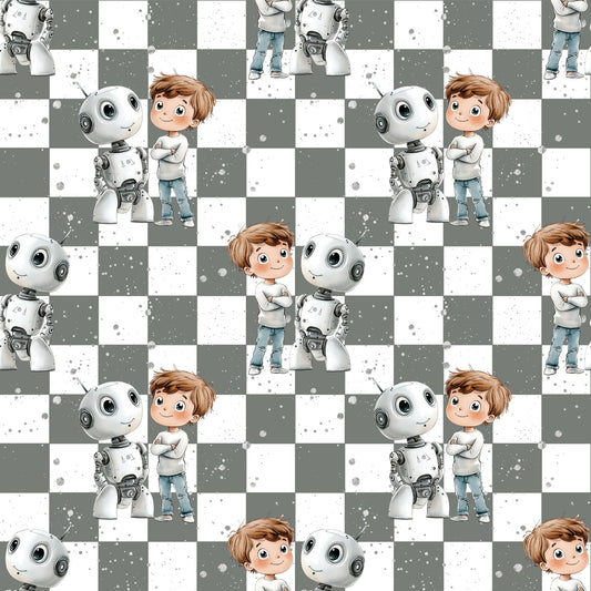 Stoffkachel „Roboter-Junge“: nahtloses Muster mit Junge und freundlich blickendem Mini-Roboter, grau-weißes Schachbrett, feine Farbsprenkel – gleichmäßige, repetierende Anordnung.
