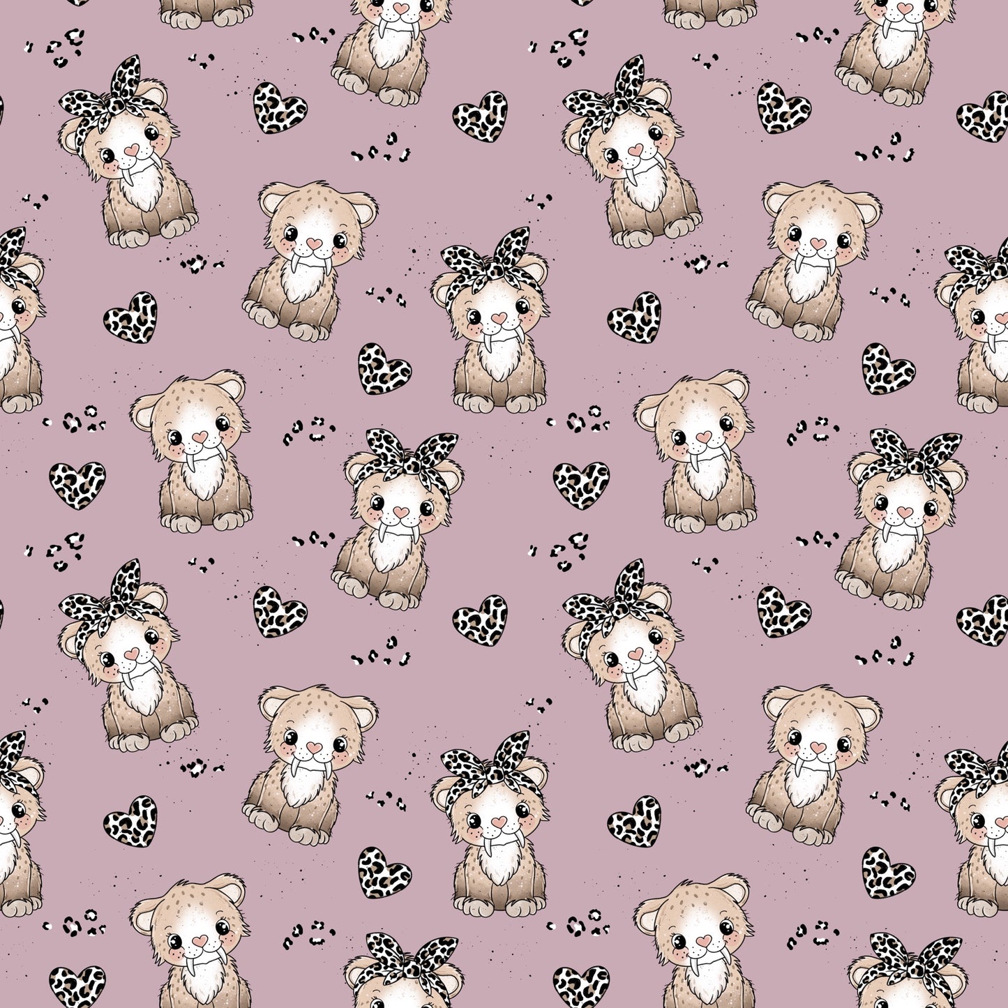 Nahtloses Muster „Säberline der Säbelzahntiger“ – Säbelzahntigerin mit Schleife & Leo-Herzen auf mauve/altrosa – Kinderstoff (Jersey/French Terry), handgemalt von Katzengold-Designs