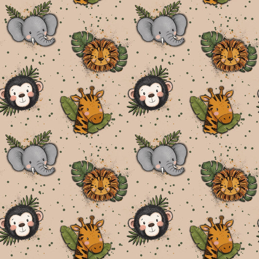 Safari Stoff Beige mit Löwe, Elefant, Affe und Giraffe im niedlichen Aquarellstil auf hellem Hintergrund.