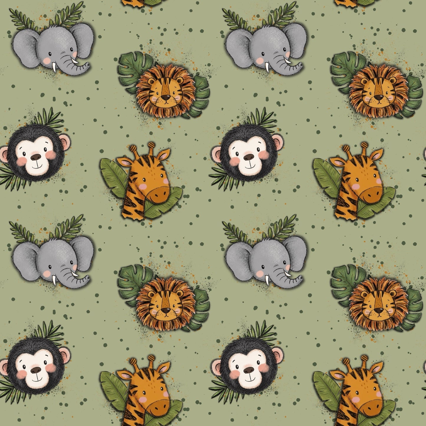 Safari Stoff Salbei mit Löwe, Elefant, Affe und Giraffe im liebevollen Dschungel-Design.