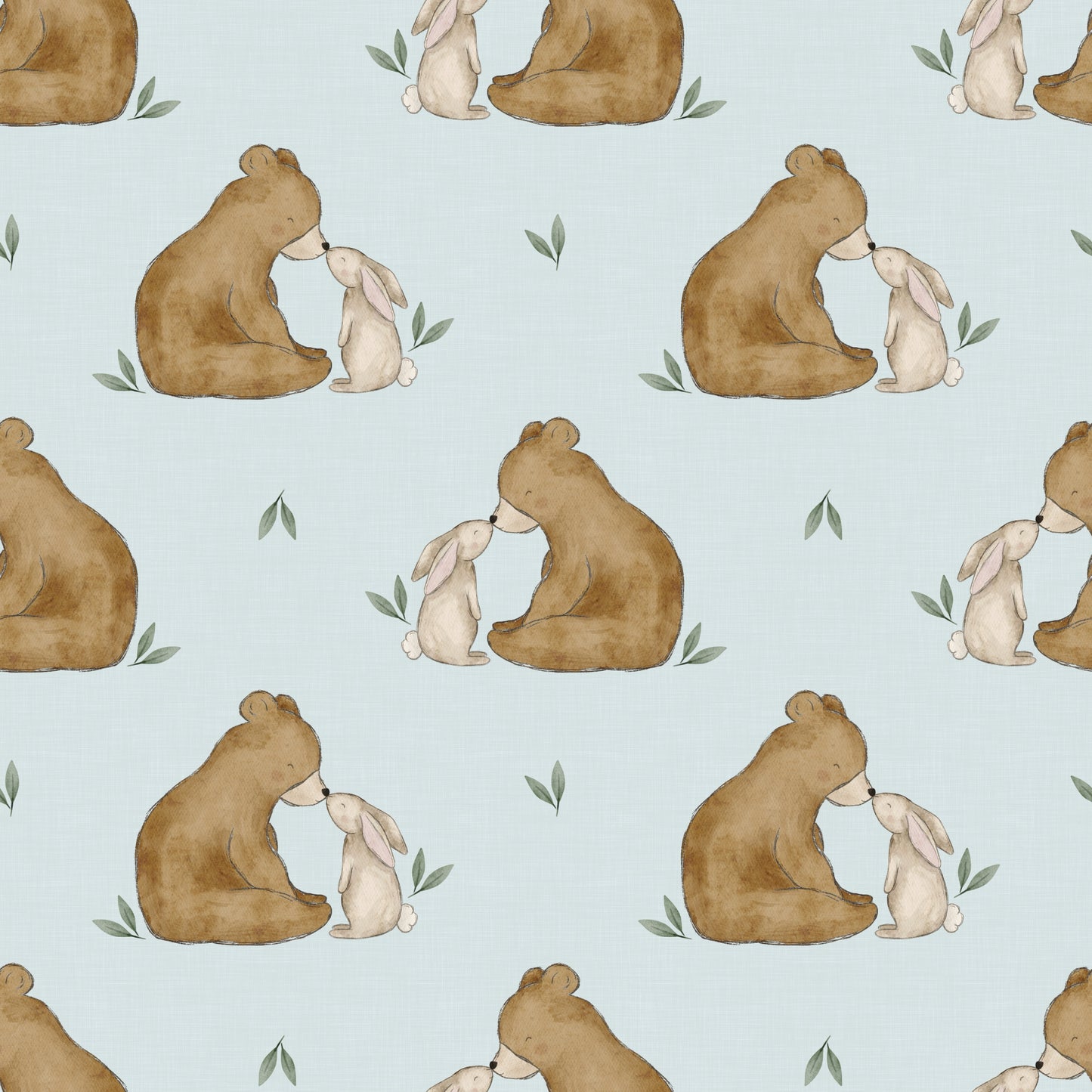 Detailansicht Kinderstoff mit Bär-und-Hase-Motiv in Naturtönen, flach gefaltet auf Holzhintergrund