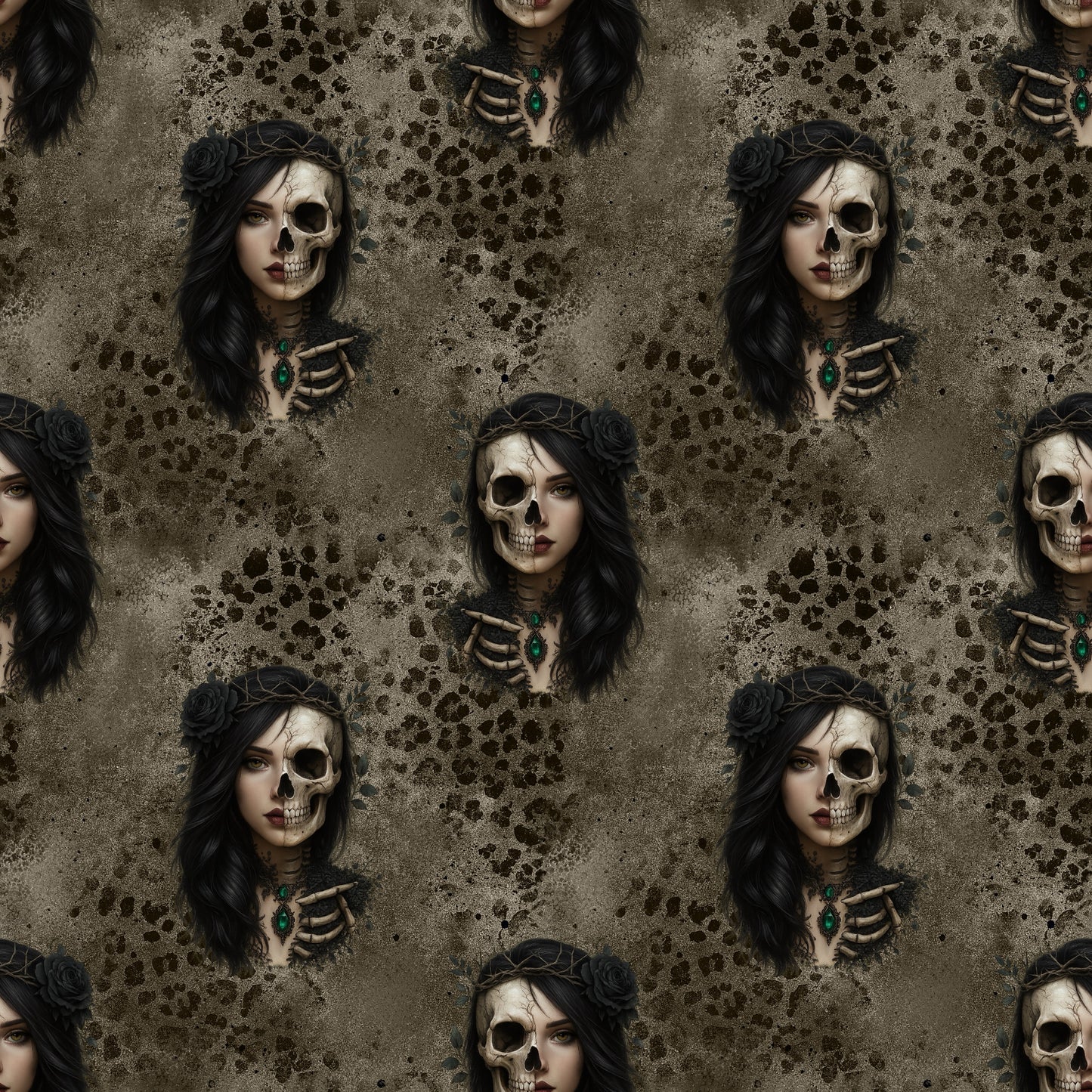 Nahtlose Schattenprinzessin Stoffkachel mit mystischem Frauensujet, Schädelhälfte, schwarzer Rose und dunklem, texturiertem Hintergrund