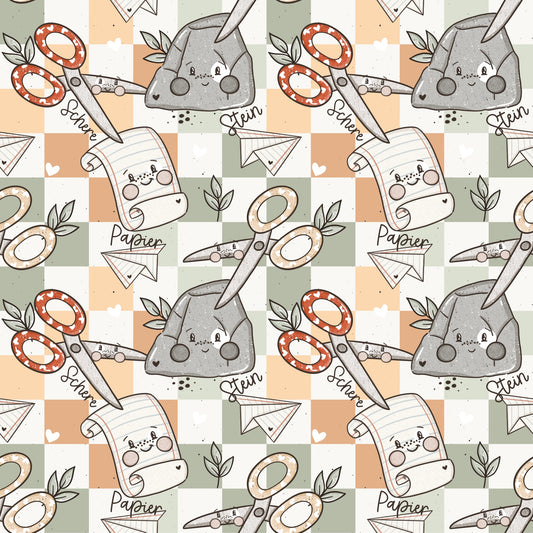 Nahtloses Muster „Schere, Stein, Papier“ auf Ripp-Jersey – Icons, Herzchen & Blätter auf karierter Fläche für Kinderkleidung