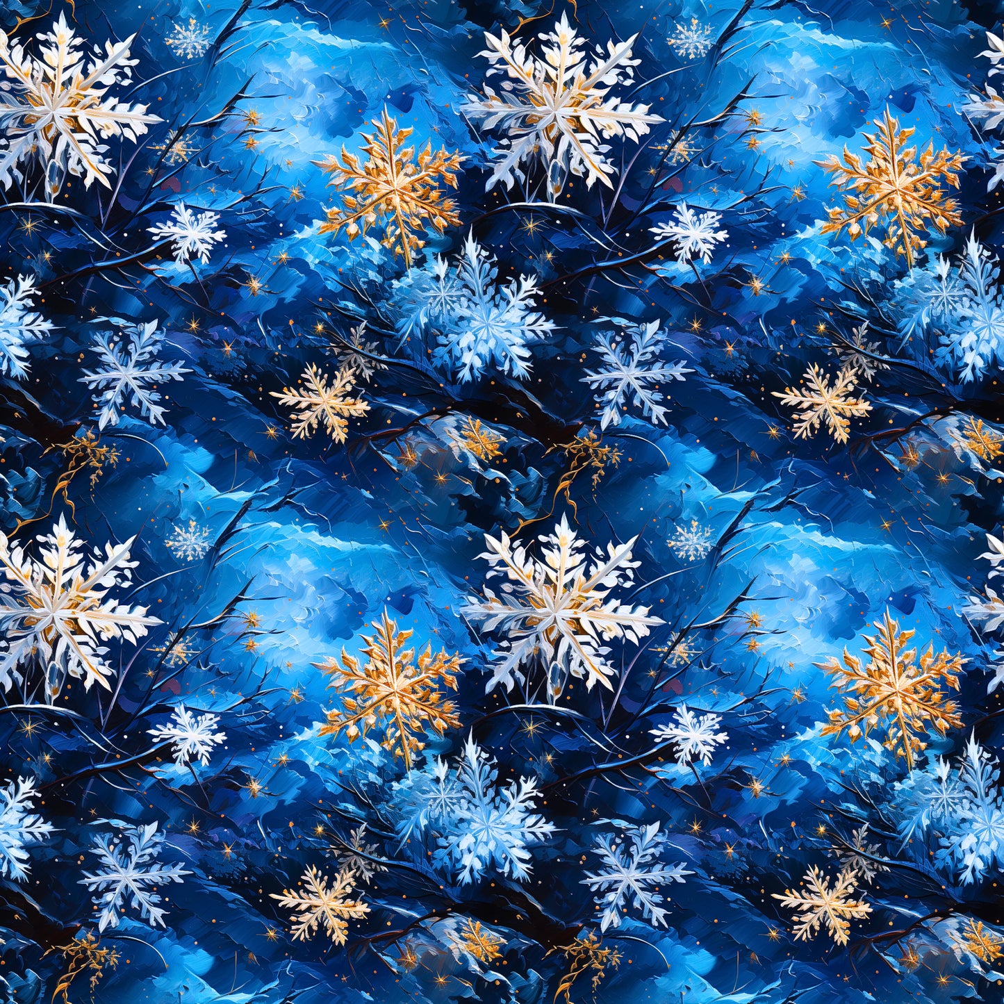 Eleganter Stoff „Schneeflocken“ – winterliches Muster mit goldenen und weißen Schneeflocken für festliche Nähideen.