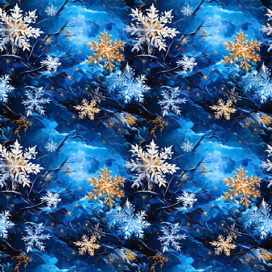 Eleganter Stoff „Schneeflocken“ – winterliches Muster mit goldenen und weißen Schneeflocken für festliche Nähideen.