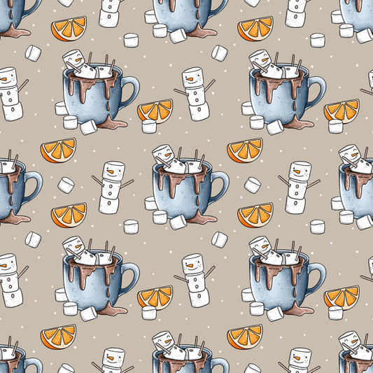 Verspieltes Wintermotiv mit Marshmallow-Figuren in heißer Schokolade – liebevolles Katzengold-Design.