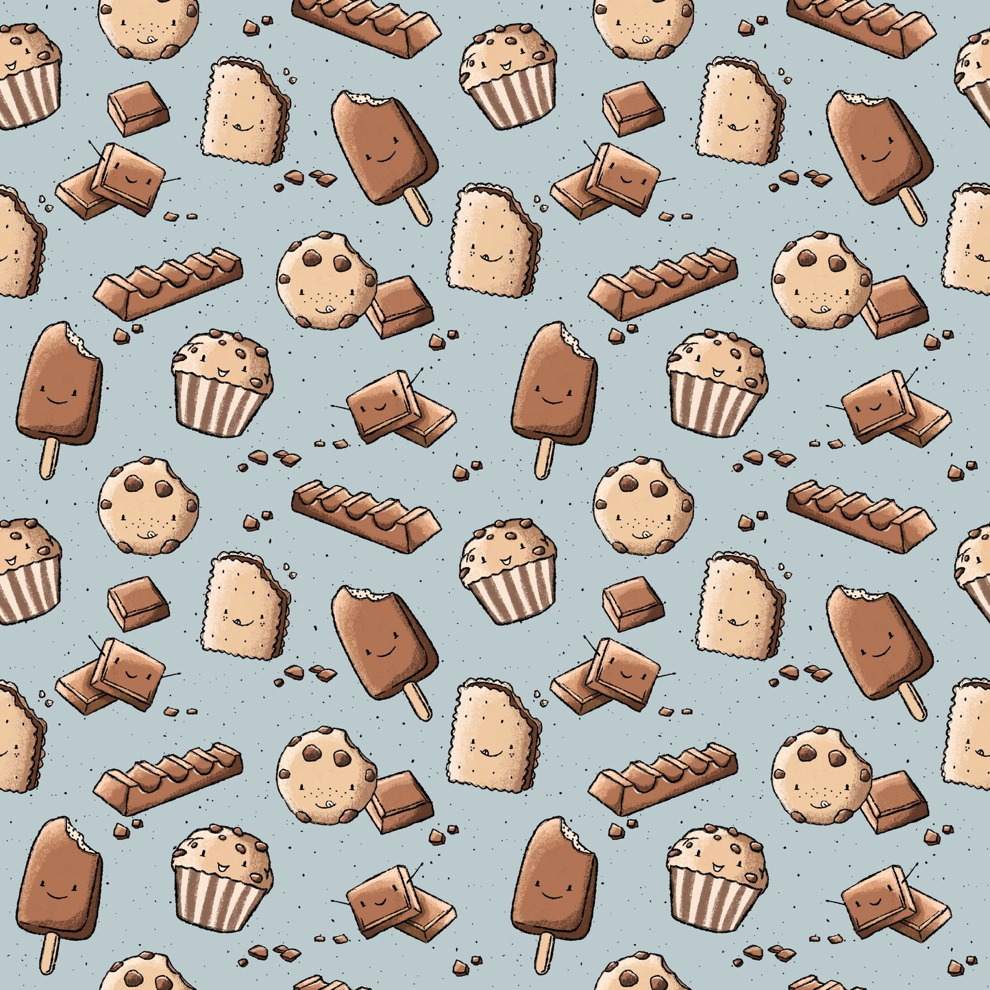 Nahtlos wiederholendes Muster „Schoki“ – süße Dessert-Motive mit Schokolade, Keksen, Muffins und Eis in warmen Braun- und Beigetönen