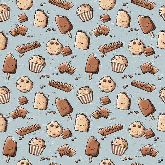 Nahtlos wiederholendes Muster „Schoki“ – süße Dessert-Motive mit Schokolade, Keksen, Muffins und Eis in warmen Braun- und Beigetönen