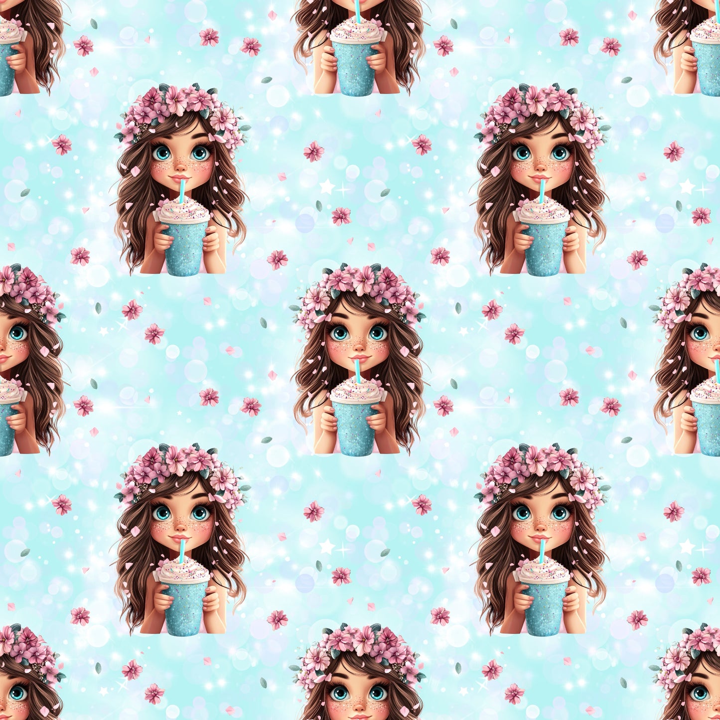 Nahtloses Muster „Smoothie Girl“ auf Ripp-Jersey – pastellige, florale Details für Baby- & Kinderkleidung