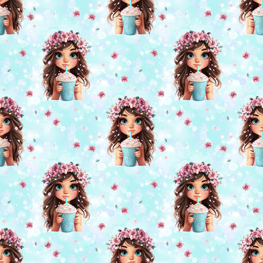 Nahtloses Muster „Smoothie Girl“ auf Ripp-Jersey – pastellige, florale Details für Baby- & Kinderkleidung