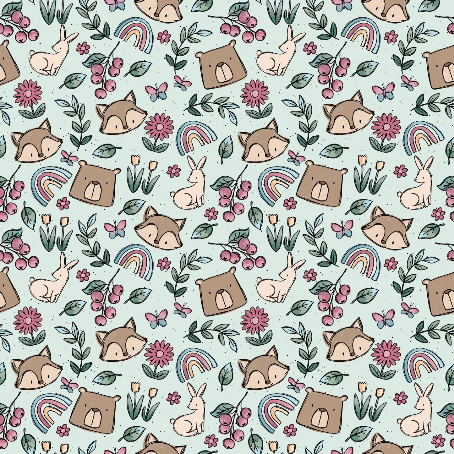 Detailansicht des Designs Spring Parts mit Bär, Fuchs, Hase, Blumen, Blättern und Regenbögen auf mintgrünem Hintergrund