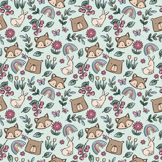 Detailansicht des Designs Spring Parts mit BĂ€r, Fuchs, Hase, Blumen, BlĂ€ttern und Regenbögen auf mintgrĂŒnem Hintergrund