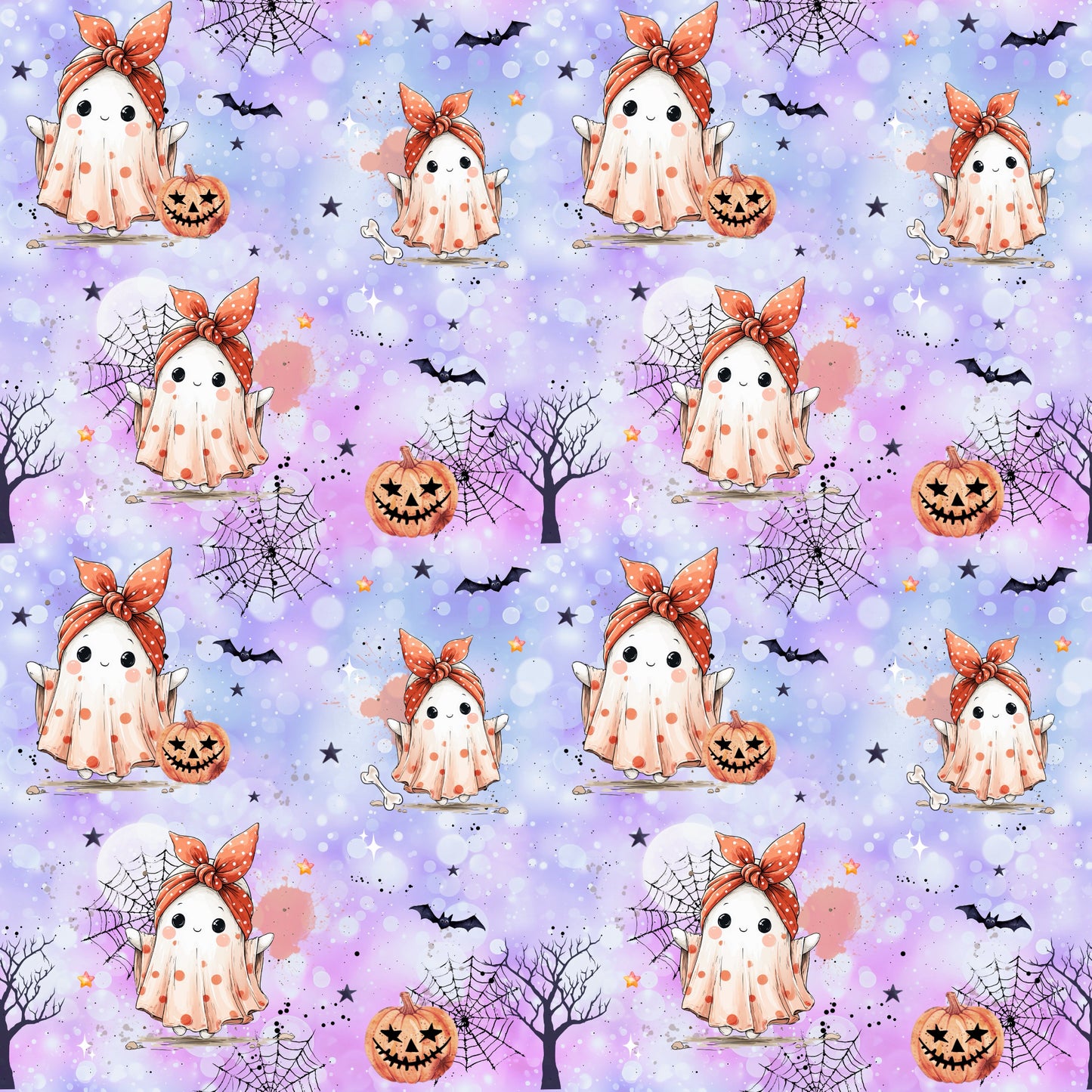 Bunter Stoff „Spukiboo“ – verspieltes Halloweenmotiv mit niedlichem Geist und Deko-Elementen für kreative Nähprojekte.