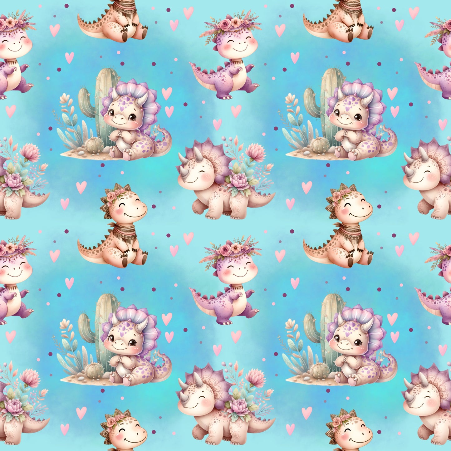 Stoffkachel des Designs „Süße Dinos“ mit fröhlichen Dinosauriern, Herzchen und floralen Details auf mintblauem Hintergrund.