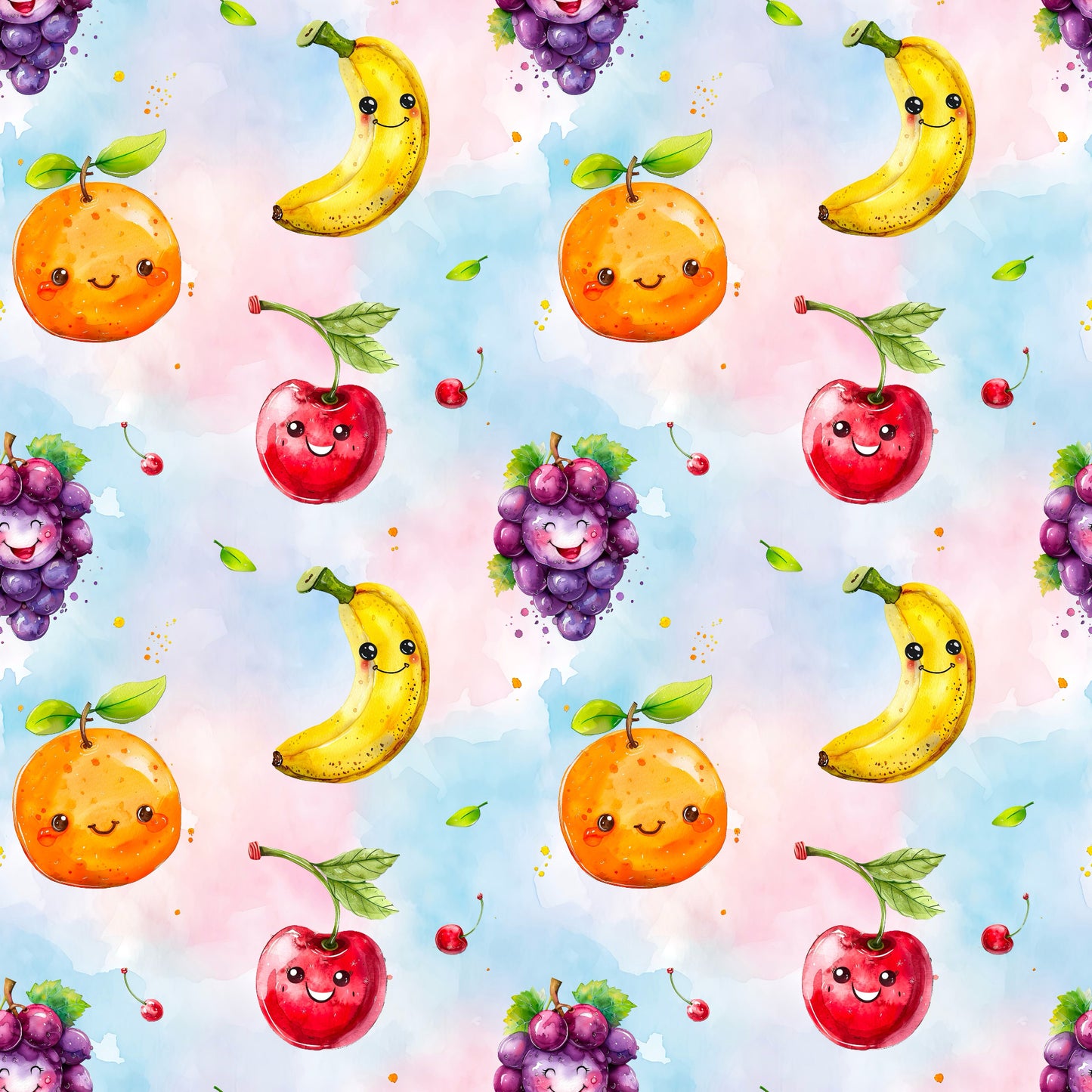 Detailansicht des fröhlichen Fruchtstoffs „Süße Früchte“ mit bunten Obstmotiven und Pastellverlauf, ideal für Baby- und Kinderkleidung.