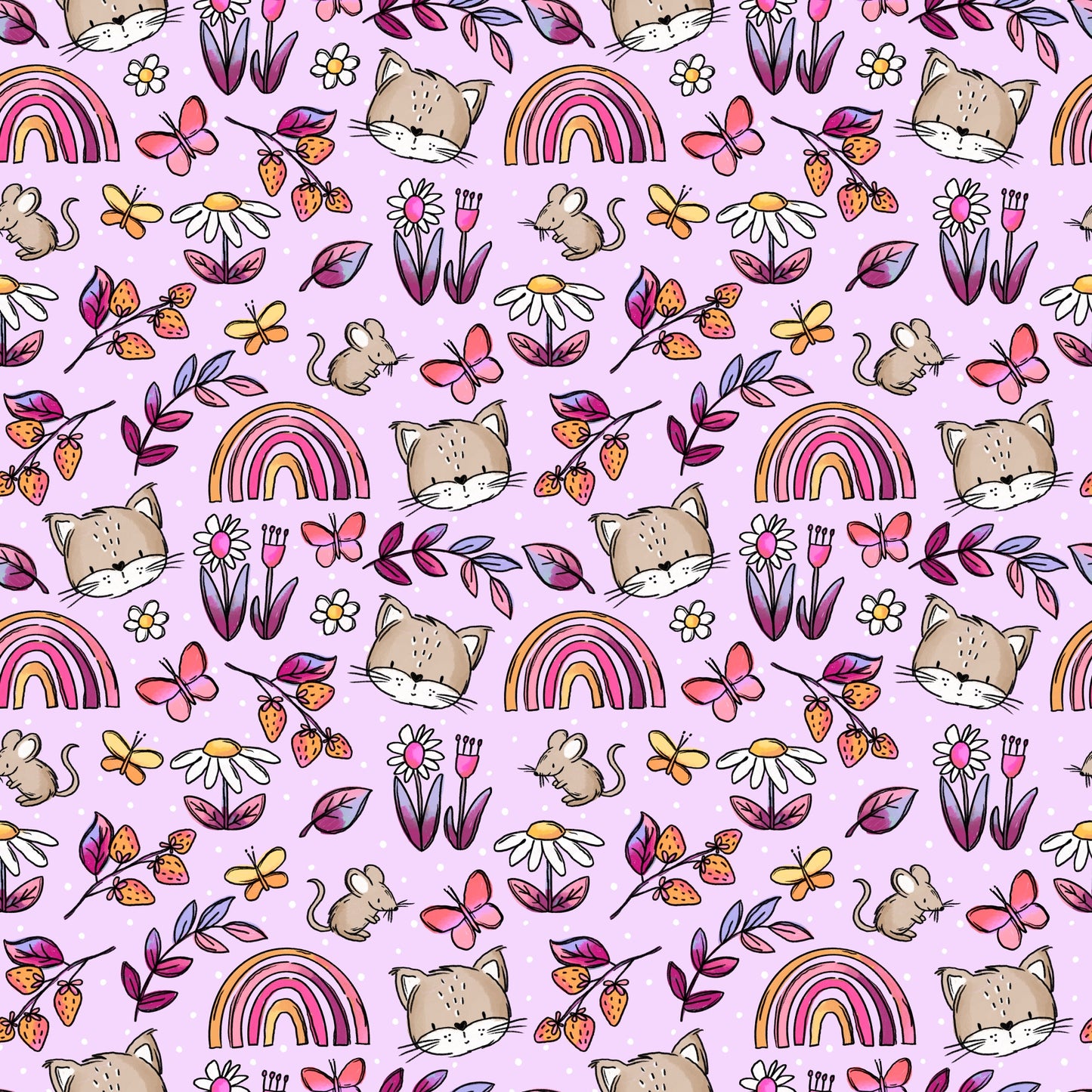 Nahtloses Stoffdesign mit Regenbögen, Blumen, kleinen Mäusen und Tierköpfen auf zart lilafarbenem Hintergrund, verspielt und sommerlich gestaltet.