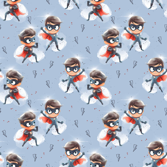 Nahtloses Stoffmuster mit dem Design "Superhelden" – ideal für kleine Abenteurer.