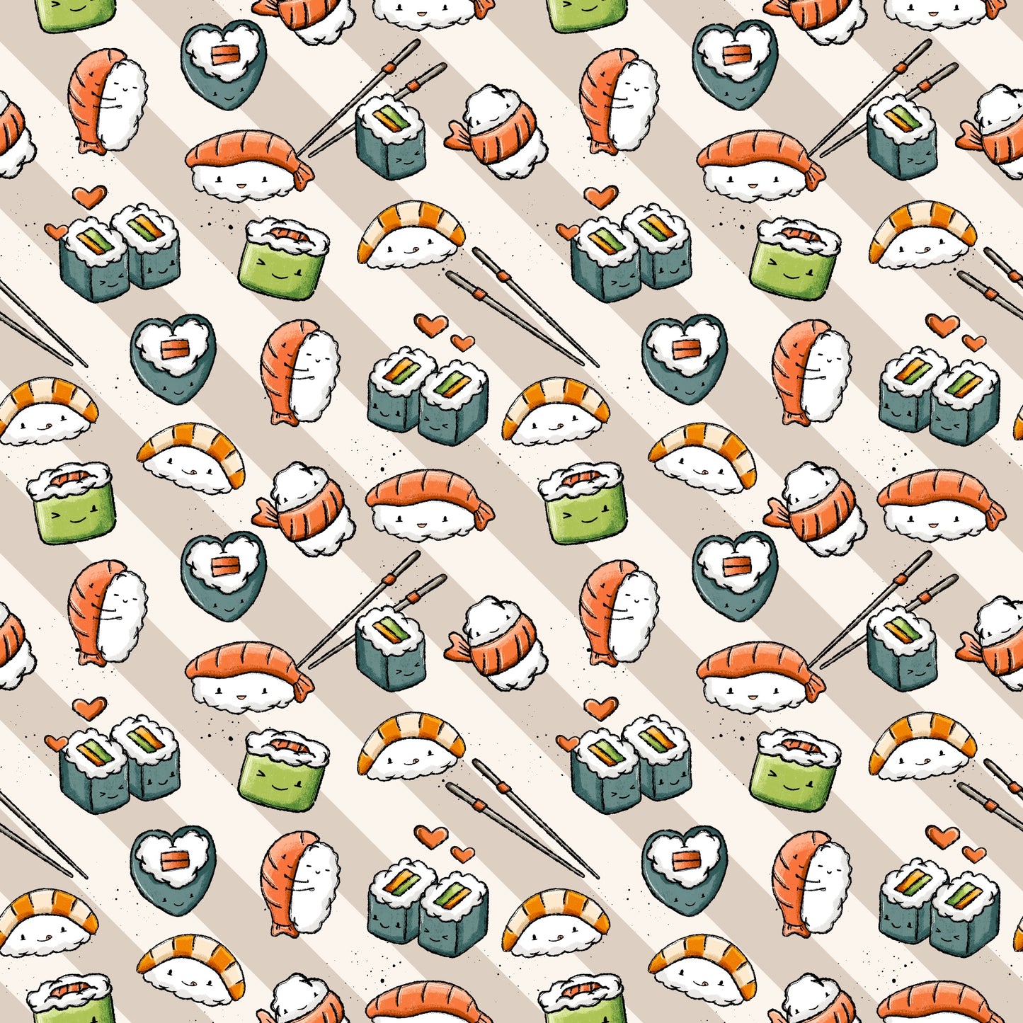 Wiederholendes Muster „Sushilein“ – süße Sushi-Charaktere, Lachs-Nigiri, Maki-Rollen und Herz-Details in Orange-, Grün- und Beigetönen