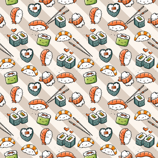 Wiederholendes Muster „Sushilein“ – süße Sushi-Charaktere, Lachs-Nigiri, Maki-Rollen und Herz-Details in Orange-, Grün- und Beigetönen