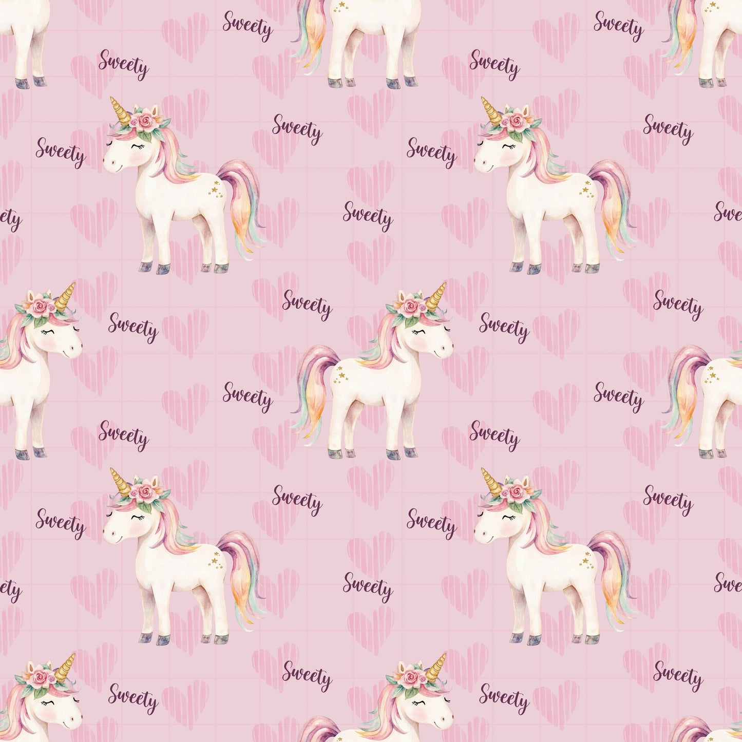 Stoffkachel des Designs Sweety: weißes Einhorn mit Blumenkranz und Regenbogenmähne auf rosa Hintergrund mit Herzchen und dem Schriftzug ‘Sweety’.