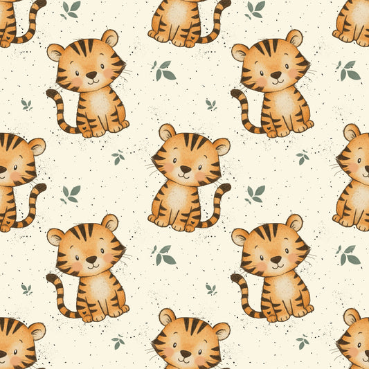 Nahtloses Muster mit sĂŒĂen Tigern und kleinen Naturdetails in warmen Orangetönen