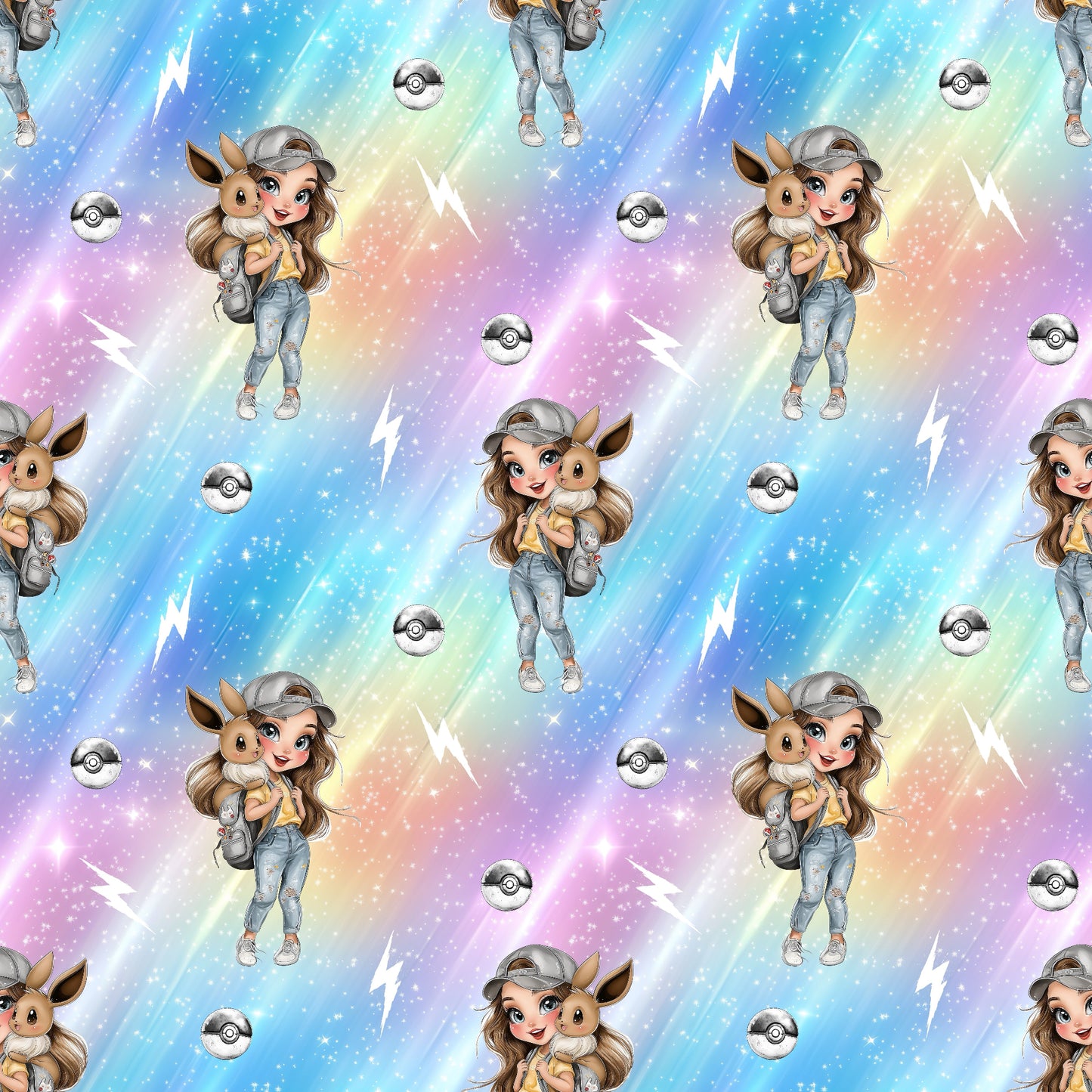 Nahtloses Stoffdesign „Trainerträum“ mit glitzernden Blitzen, niedlichem Elektrotier und Anime-Charakter.