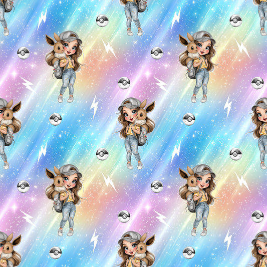 Nahtloses Stoffdesign „Trainerträum“ mit glitzernden Blitzen, niedlichem Elektrotier und Anime-Charakter.