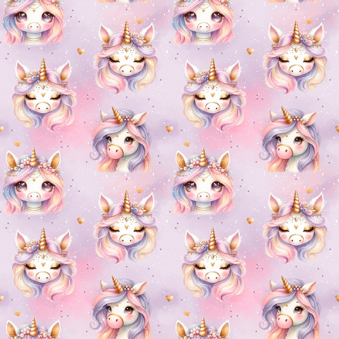 Nahtloses Unicorn Day Design mit pastelligen Einhornköpfen, Goldhorn und kleinen Herzchen auf rosafarbenem Hintergrund