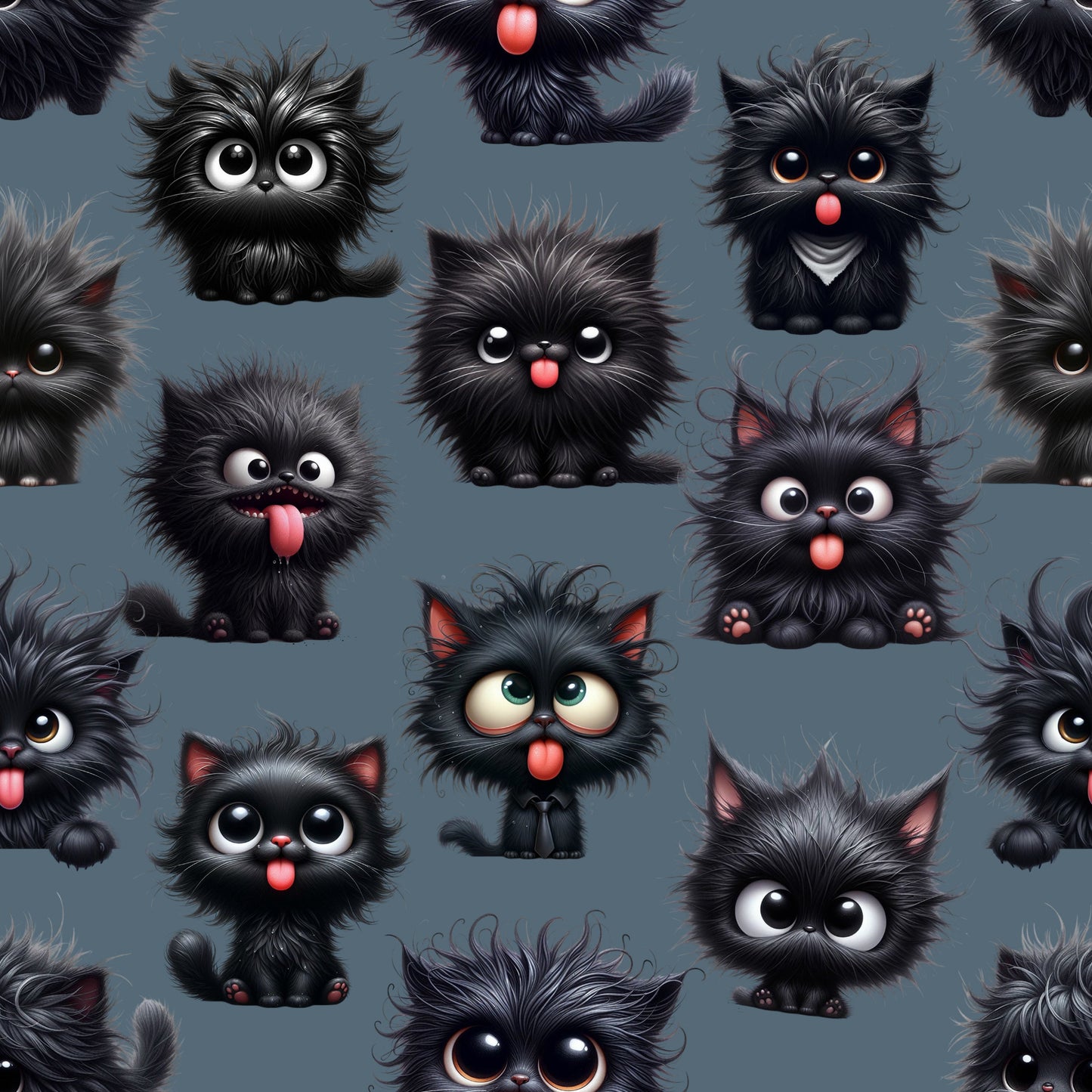 Nahtloses Katzen Design mit flauschigen schwarzen Kätzchen und großen Augen auf petrolblauem Hintergrund