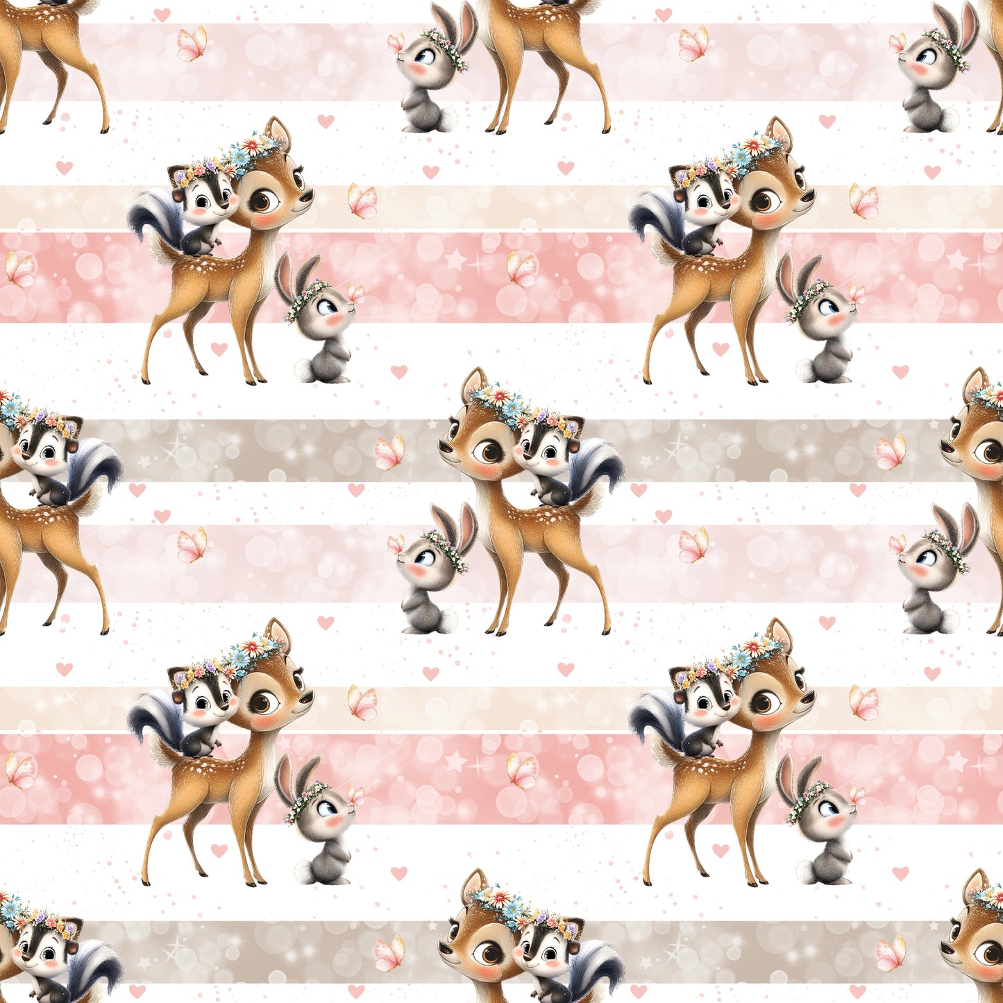 Nahtloses Stoffmuster mit dem Design „Waldfreunde“-Stoff mit Reh, Waschbär und Eichhörnchen.