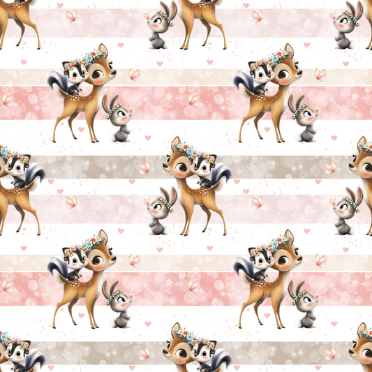 Nahtloses Stoffmuster mit dem Design „Waldfreunde“-Stoff mit Reh, Waschbär und Eichhörnchen.