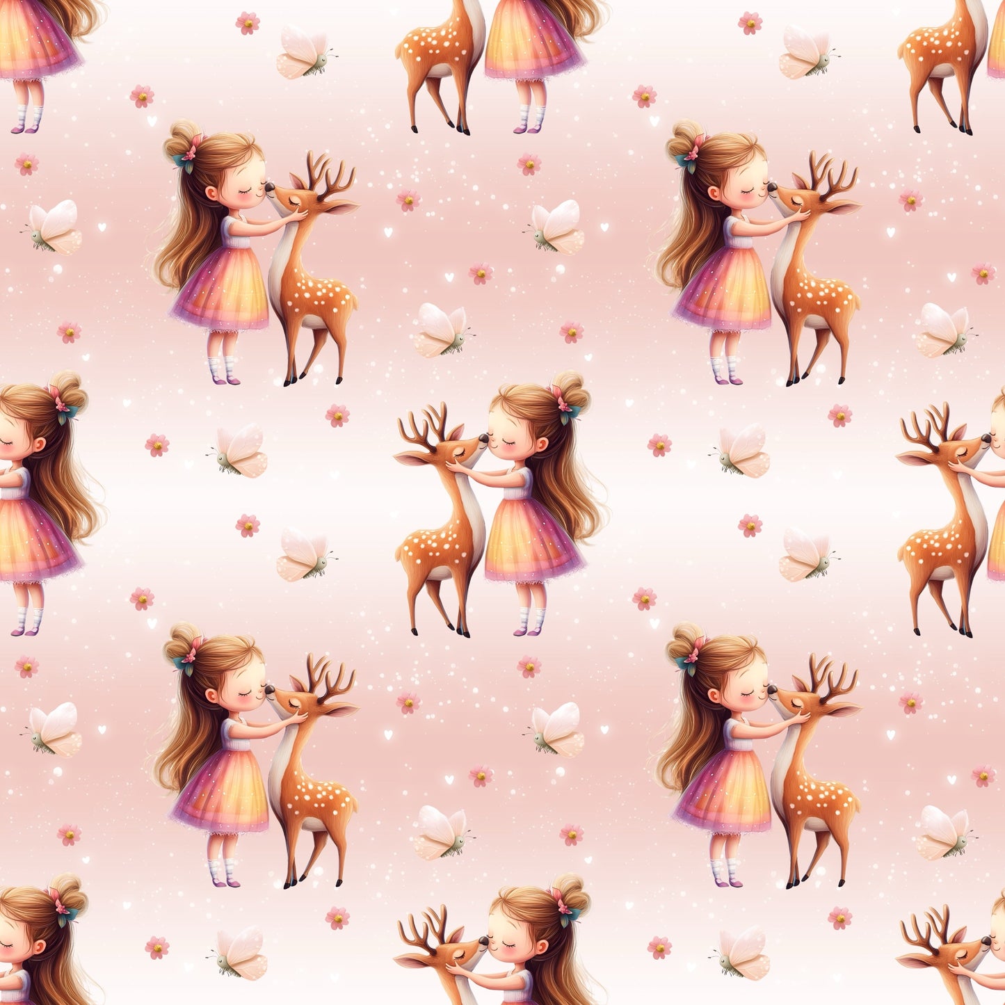 Nahtlose Waldmädchen Stoffkachel mit zarten Mädchen-und-Rehlein Illustrationen, kleinen Blüten und weichen Pastellverläufen