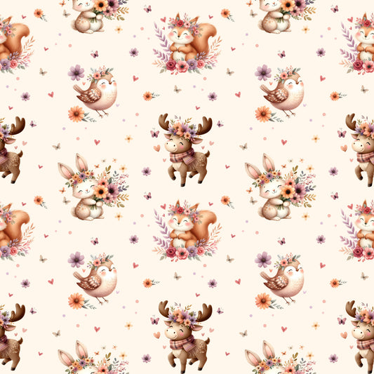 Nahtloses Muster „Waldtiere“ auf Ripp-Jersey – Hirsche, Füchse, Hasen & Eulen in warmen Naturtönen