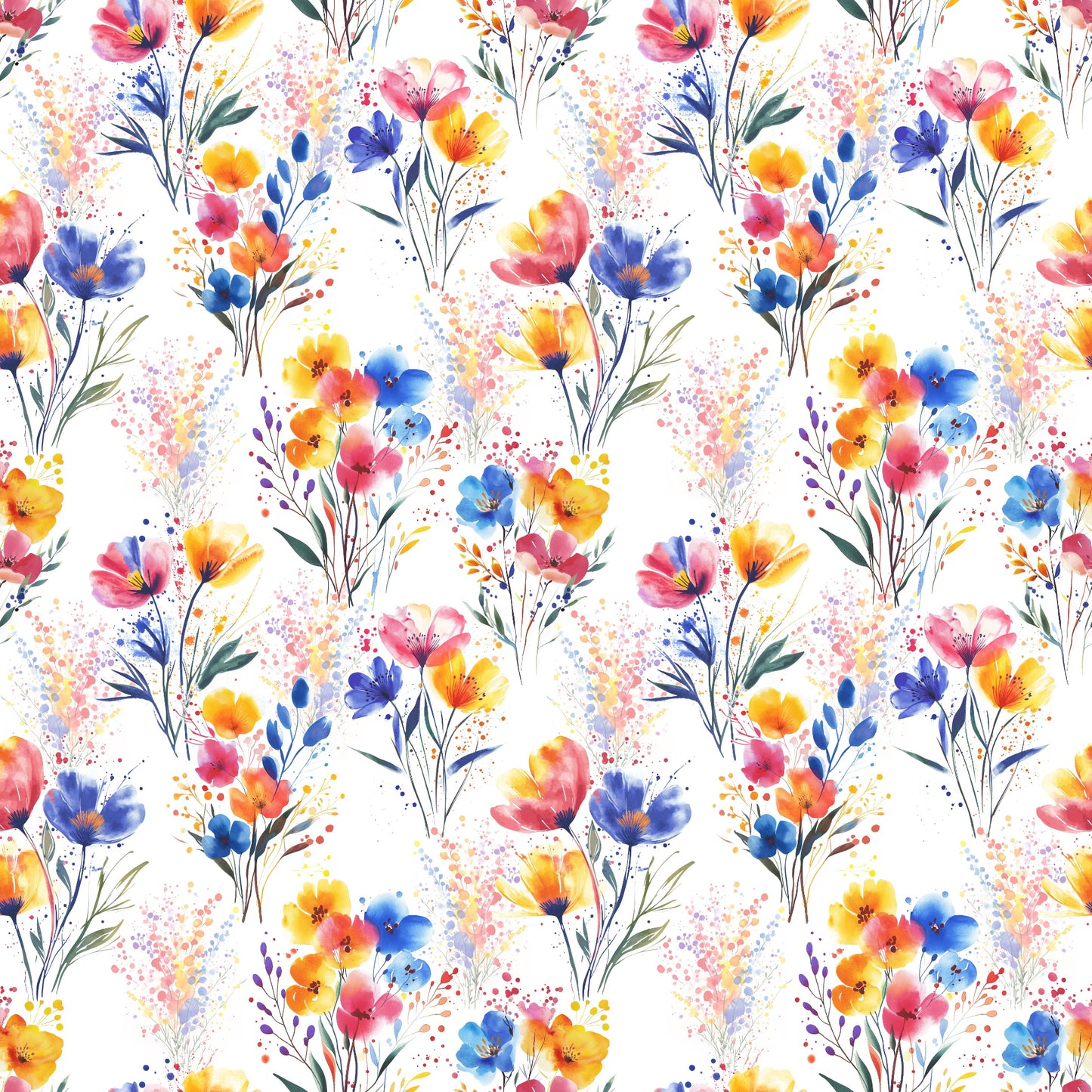 Nahtloses Muster „Watercolor Flowers“ auf Ripp-Jersey – bunte Aquarellblüten auf strahlend weißem Hintergrund