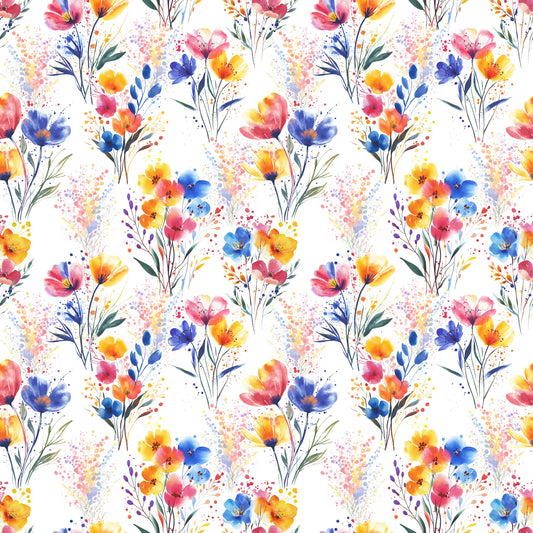 Nahtloses Muster „Watercolor Flowers“ auf Ripp-Jersey – bunte Aquarellblüten auf strahlend weißem Hintergrund