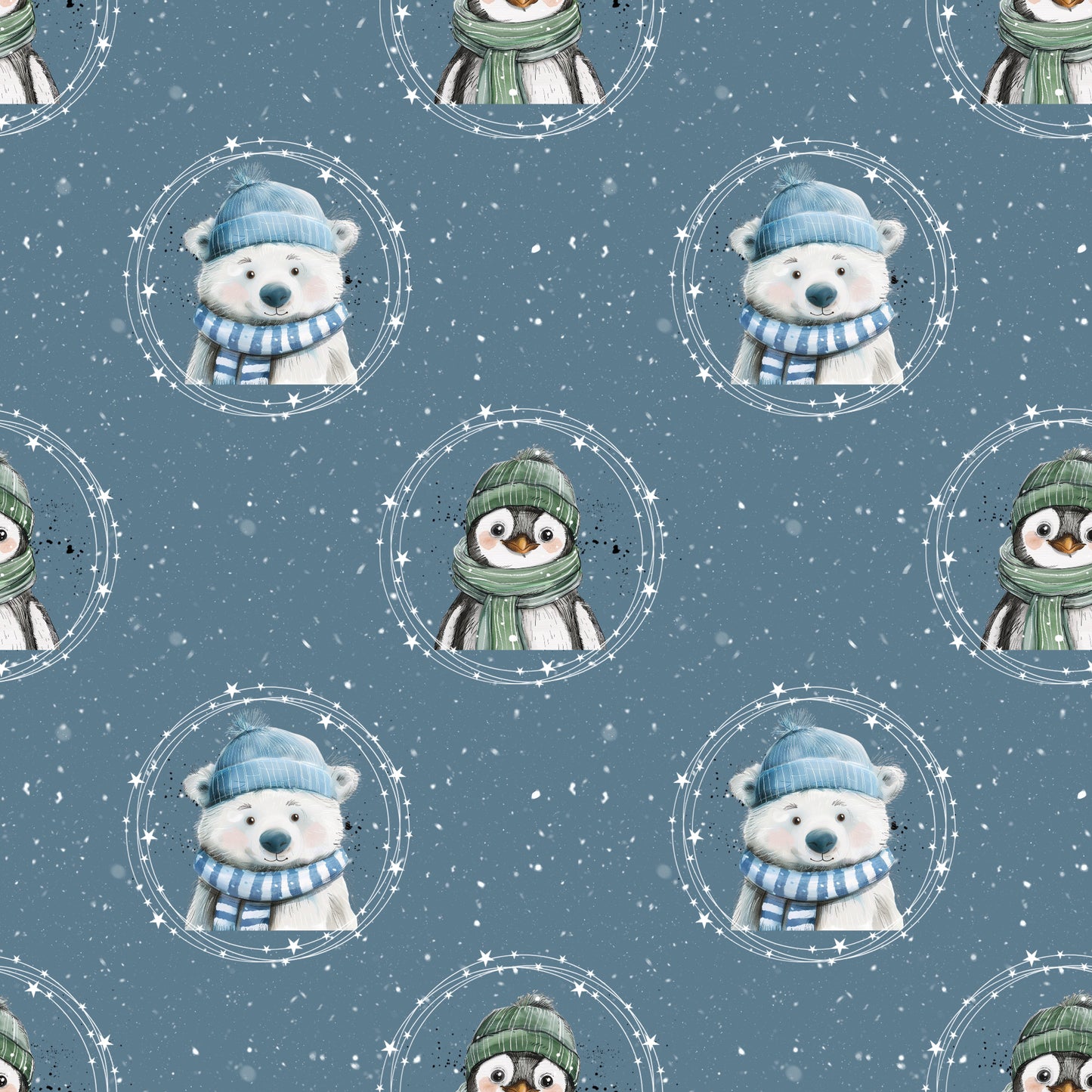 Kuscheliger Stoff „Weihnachtsfreunde“ – niedlicher Pinguin und Eisbär in Winterkleidung für festliche DIY- und Nähideen.