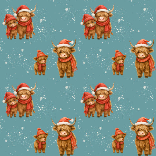 Winterstoff „Weihnachtskühe“ – festliches Motiv mit Hochlandrind und Schneeflocken für kreative Nähideen.