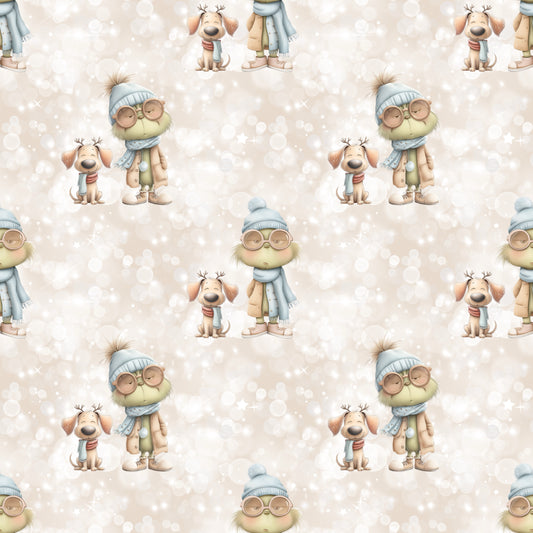 Bedruckter Baumwollstoff „Weihnachtsmuffel“ in Beige mit Figur und Hund – ideal für Kinderkleidung im Winter