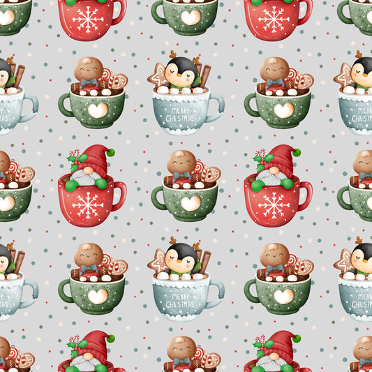 Gemütlicher Weihnachtsstoff „Weihnachtstassen“ – verspielte Tassen mit süßen Figuren für festliche Näh- und DIY-Ideen.