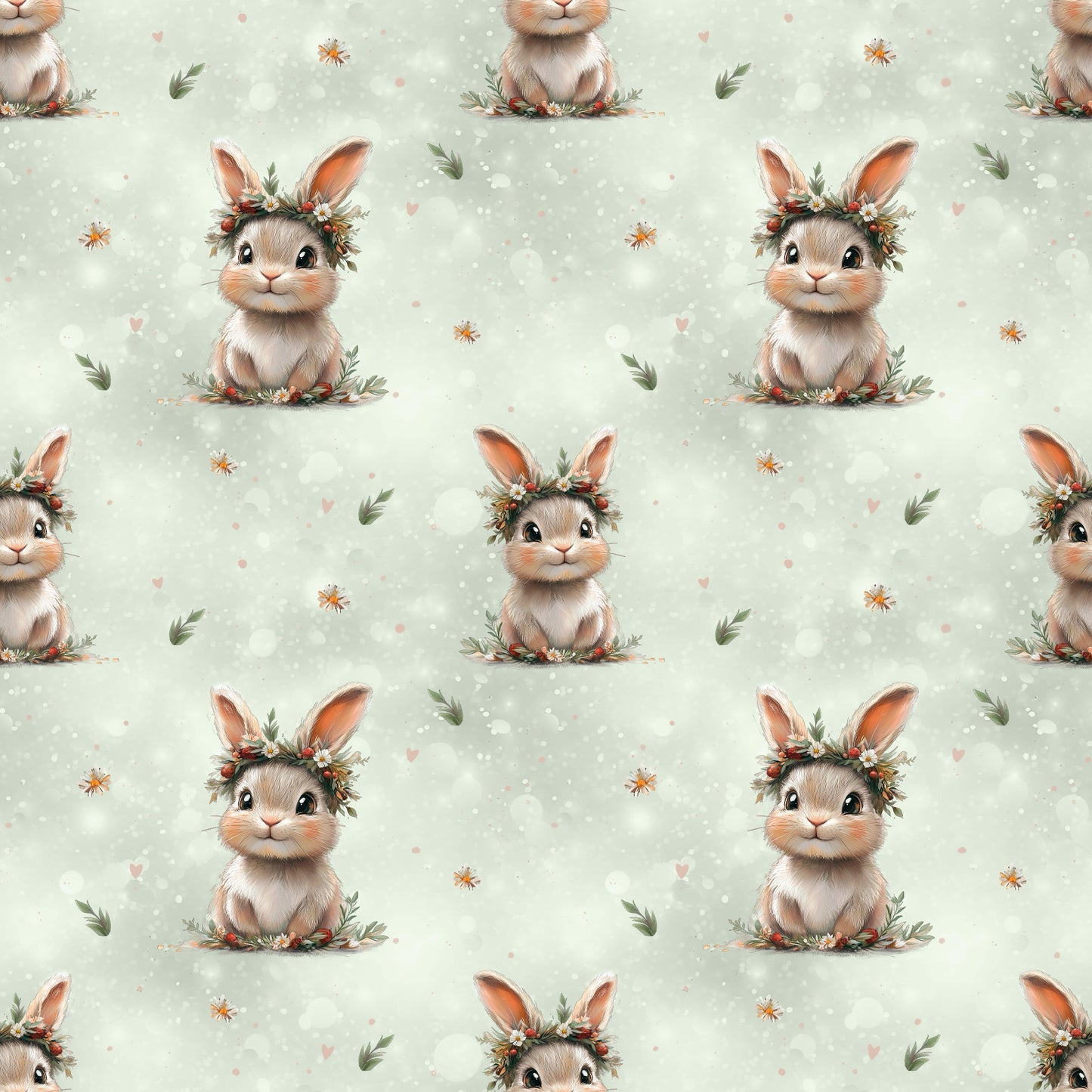 Hochwertiger Kinderstoff mit verspieltem Hasen-Design auf sanftem Grün für süße Nähprojekte.