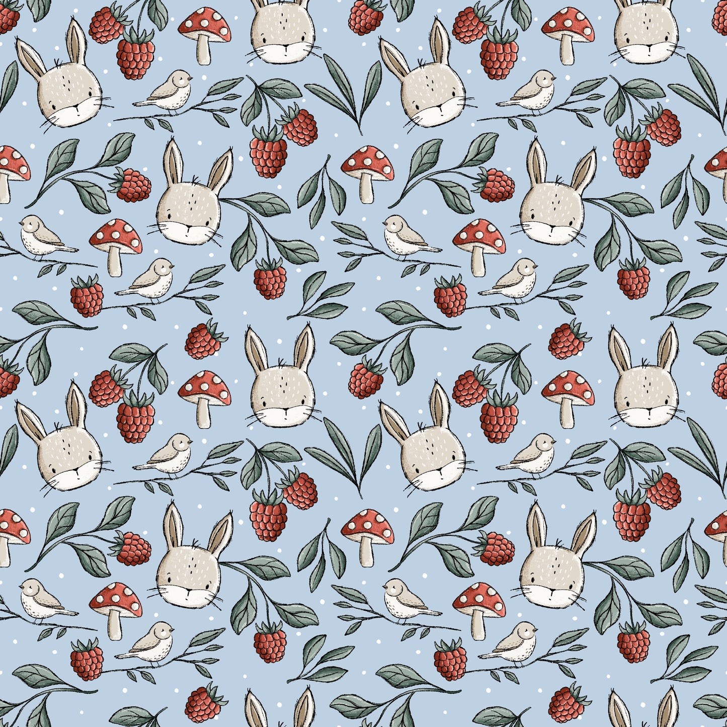 Nahtlose Wiesentag Stoffkachel von Katzengold-Designs mit Hasenköpfen, Himbeeren, Blättern, Pilzen und kleinen Vögeln auf blaugrünem Grund