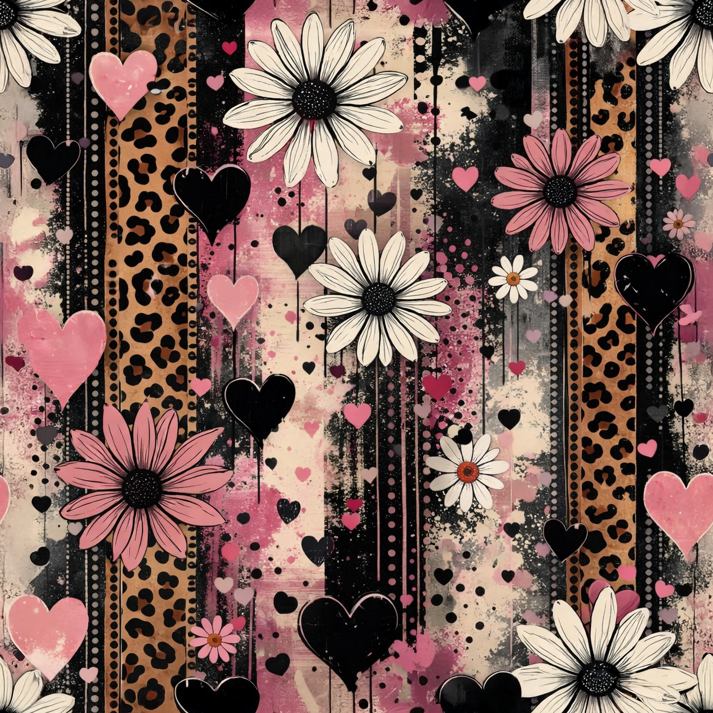 Wild Hearts Allover-Muster mit schwarzen und rosa Herzen, floralen Elementen und Leo-Streifen in warmen Naturtönen für kreative Nähprojekte und Kinderkleidung