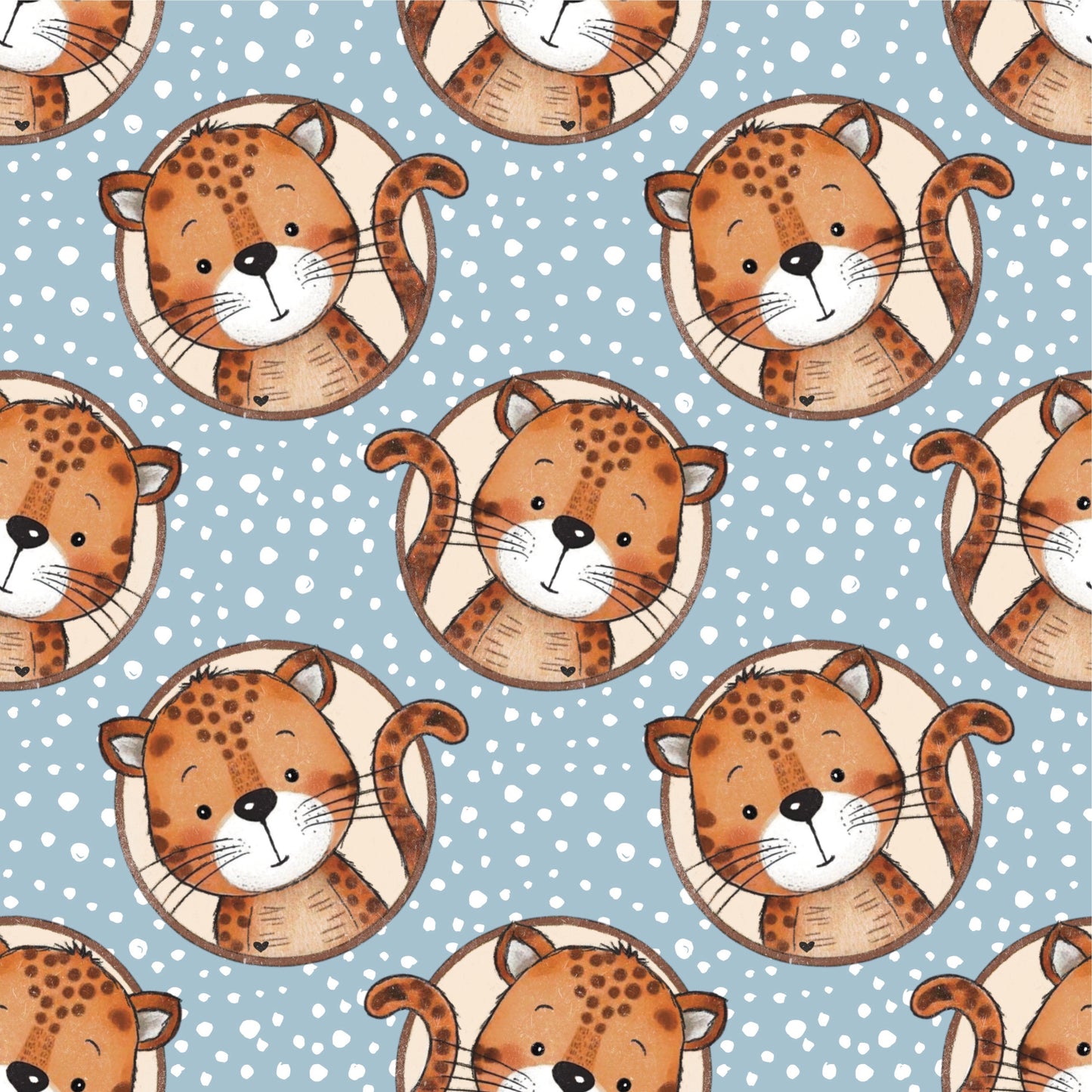 Leopardenstoff „Wild One“ mit ruhigem Leopardenmotiv und feinen Punkten auf blauem Hintergrund, Kinderstoff Design von Binschens Designs