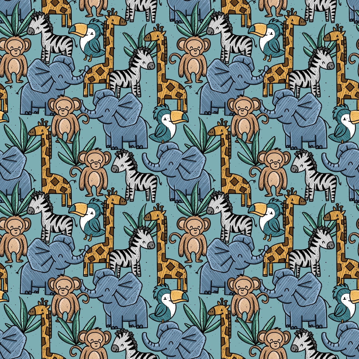 Wildtopia Safari Muster von Katzengold-Designs mit Elefant, Zebra, Giraffe, Affe und Tukan auf blau-türkisem Hintergrund.