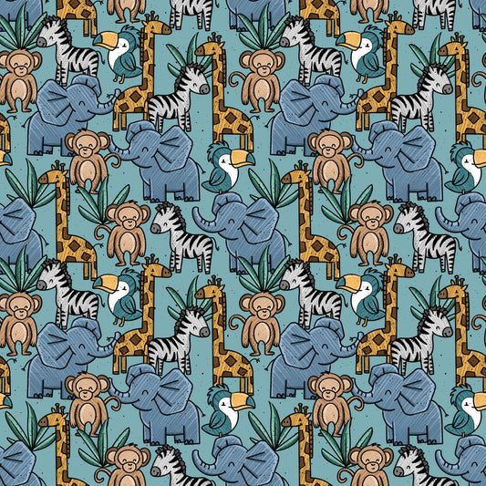 Wildtopia Safari Muster von Katzengold-Designs mit Elefant, Zebra, Giraffe, Affe und Tukan auf blau-türkisem Hintergrund.