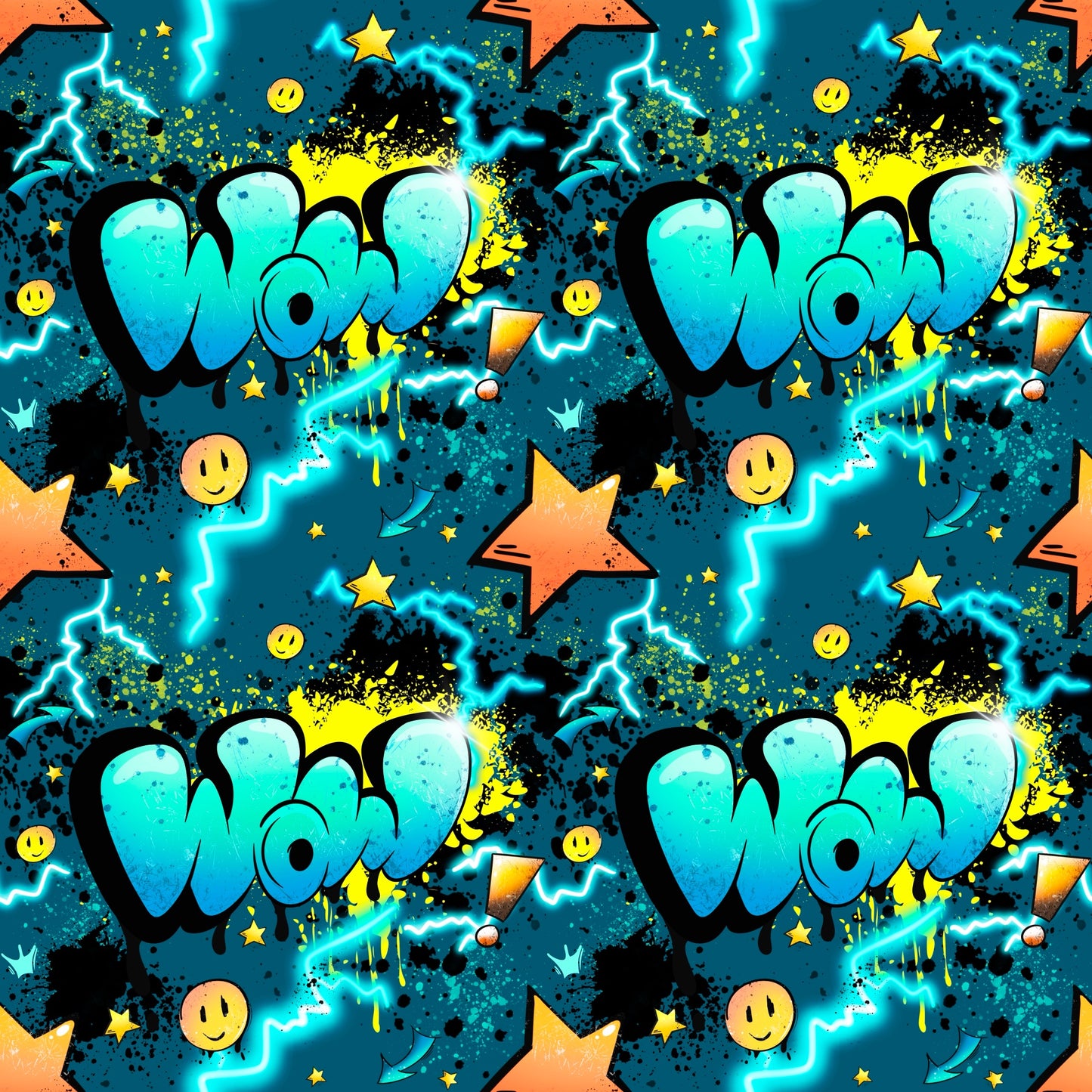Stoff-Mockup „WOW – Graffiti Power“: Neon-Graffiti mit Blitzen, Smileys, Sternen und WOW-Schriftzug auf dunklem Hintergrund, drapiert über dunklem Kombistoff.